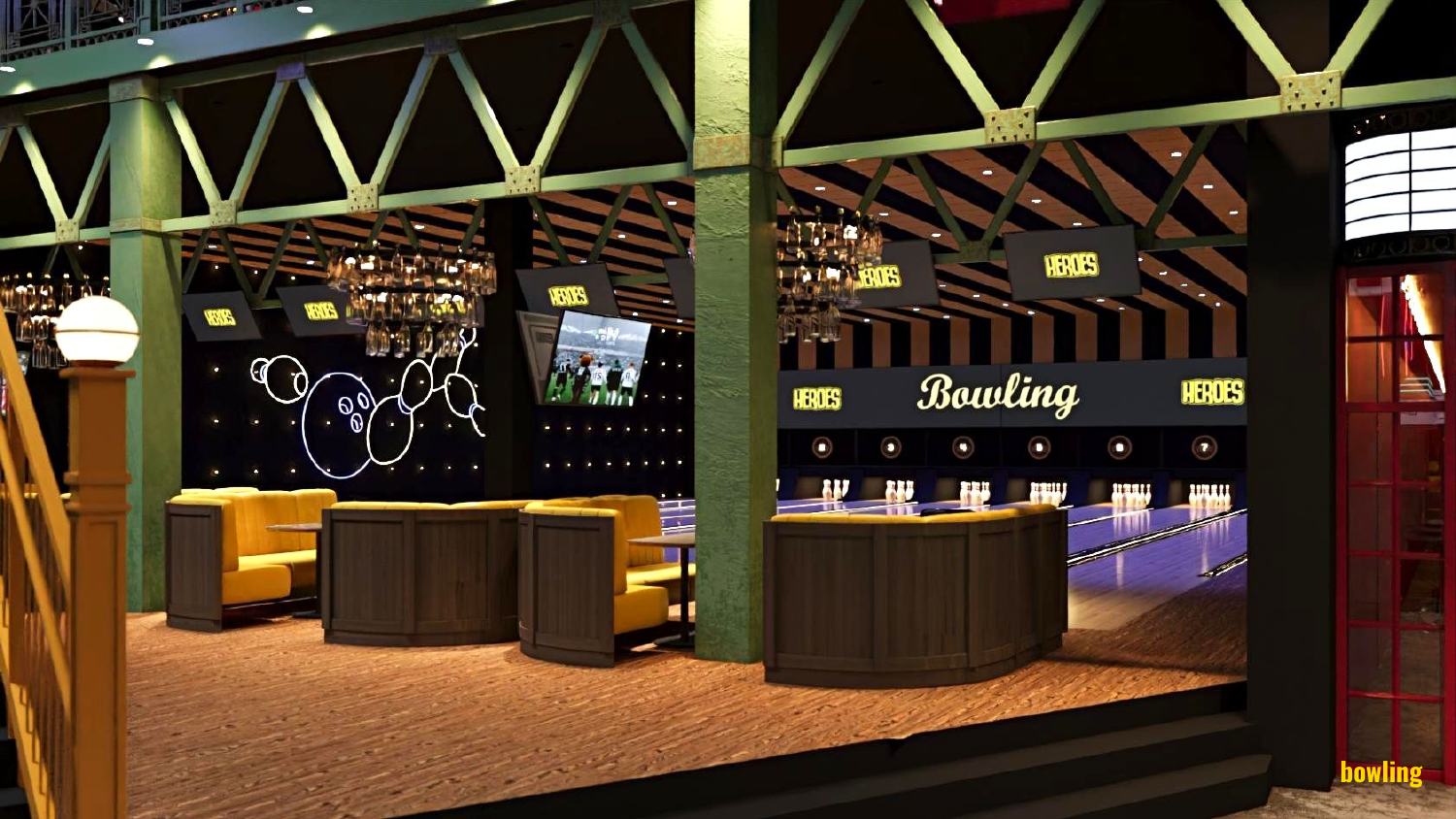 MEGA — bowling lanes with yellow-pendant seating.