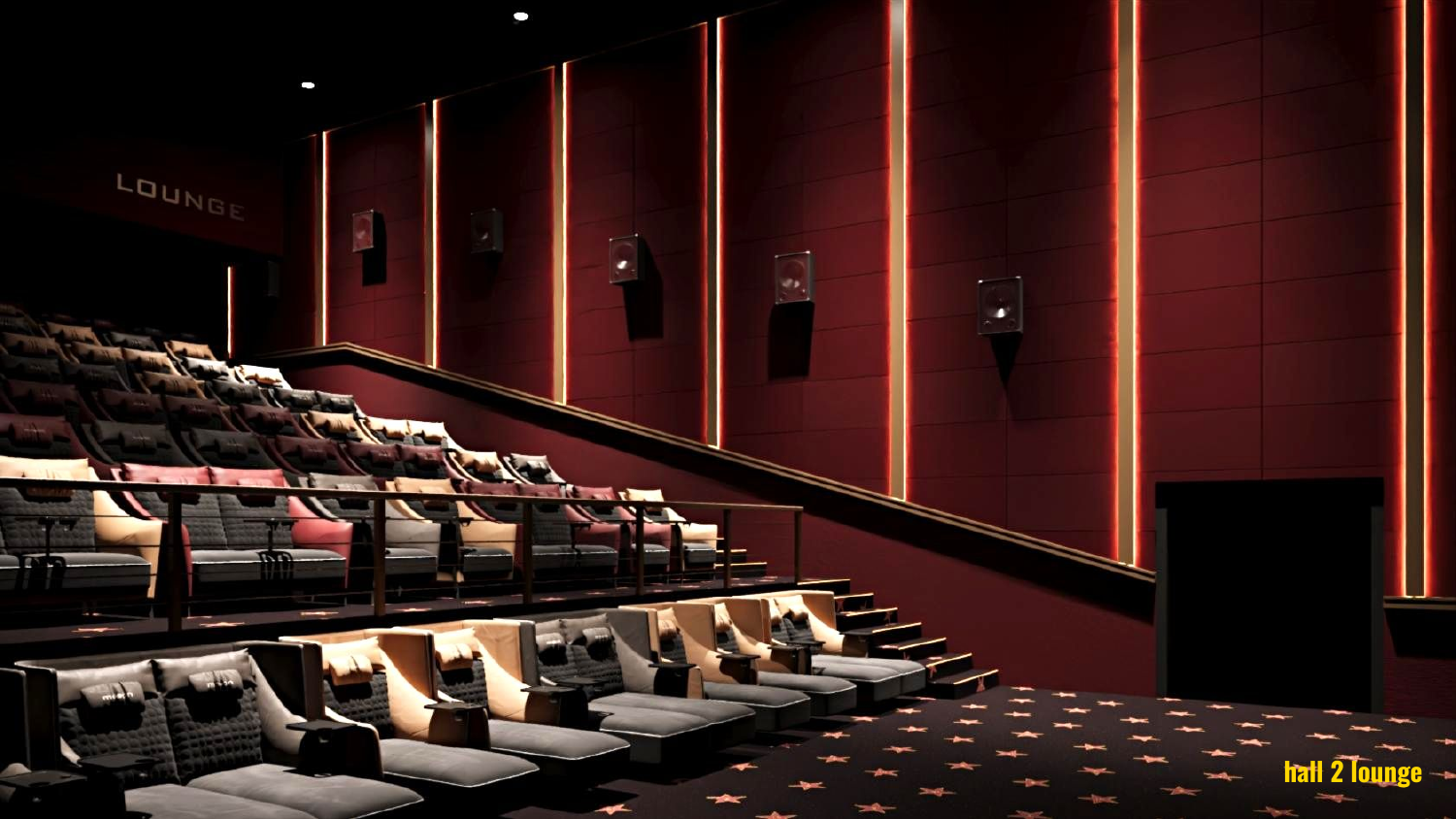 MEGA — premium cinema with red velvet lounge seats.