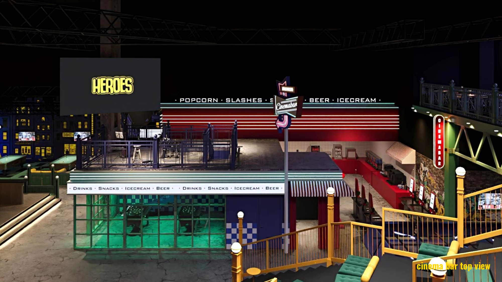 MEGA — cinema bar street scene with HEROES neon and POPCORN-SLASHES-BEER-ICECREAM signage.