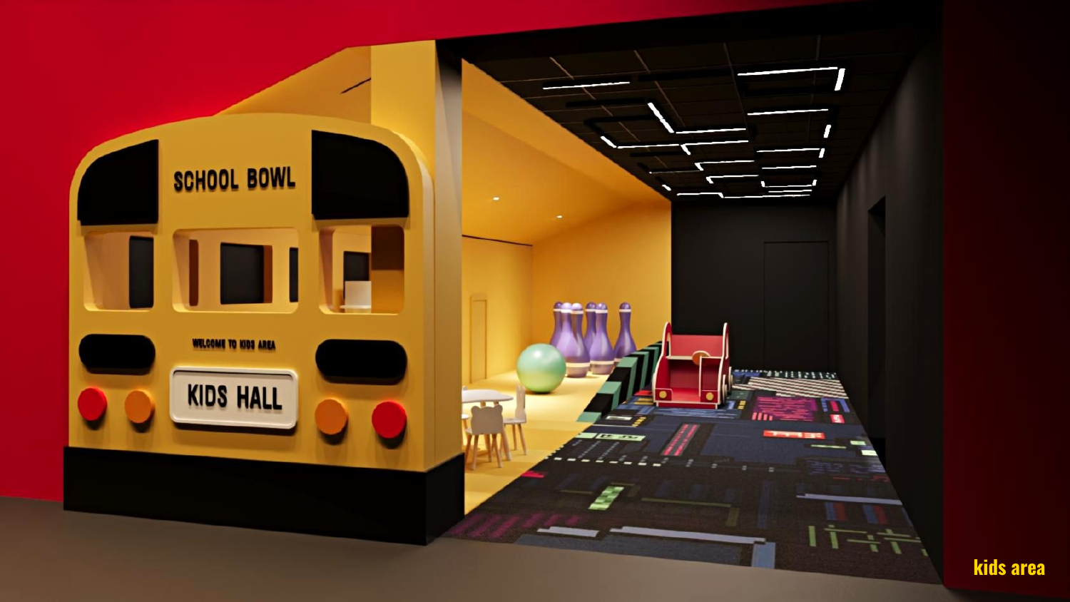 MEGA — KIDS HALL with school-bus diner and trampoline zone.