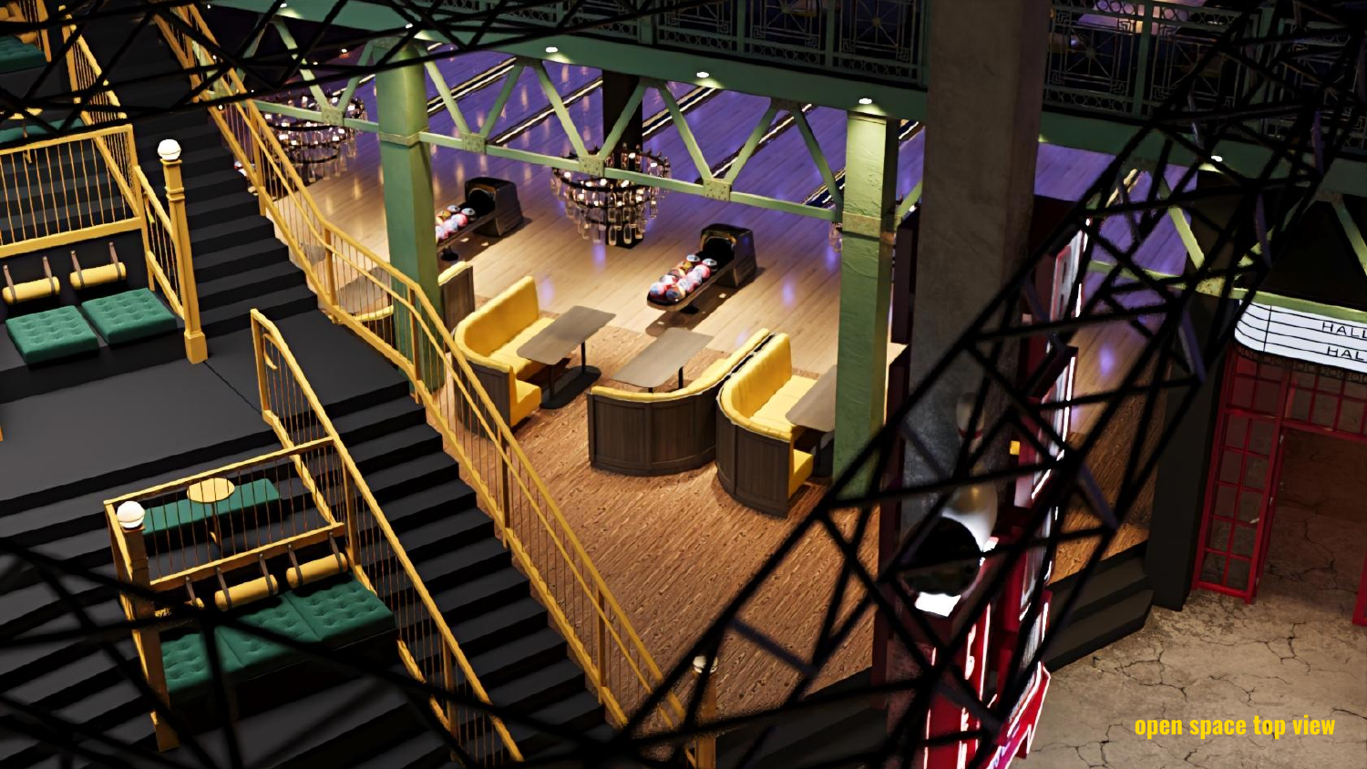 MEGA — open-space top view, yellow-and-black industrial structure with bowling lounge curves.