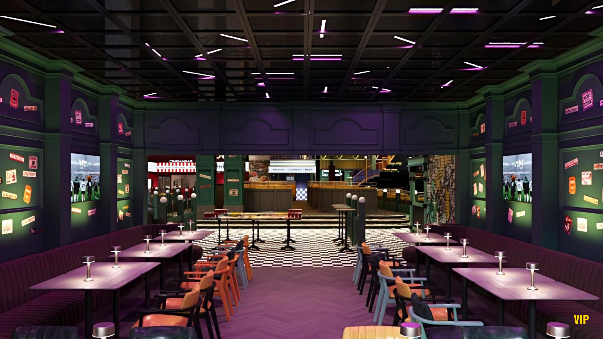 MEGA — VIP zone with violet lighting and orange seating.